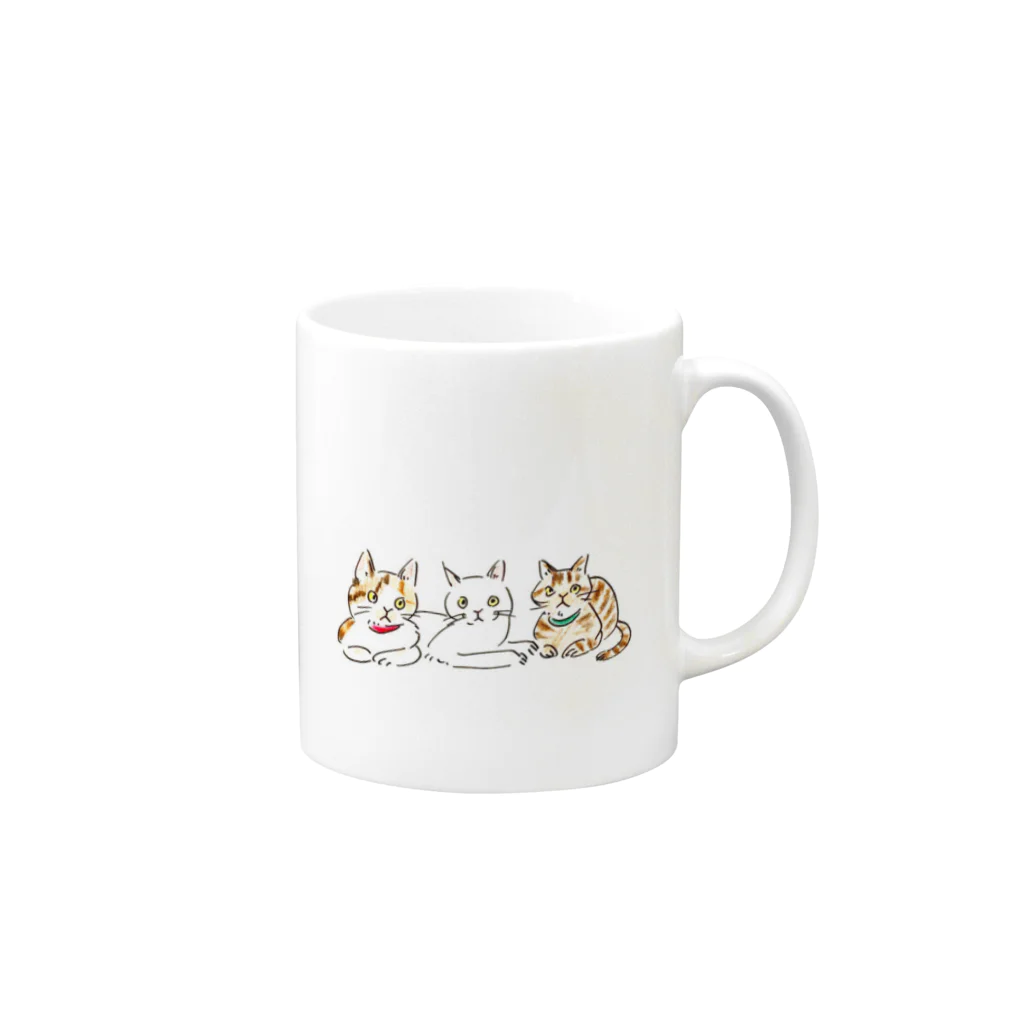 ま ゆ げ ち ゃ ん ꒊ:)の三匹の猫 Mug :right side of the handle