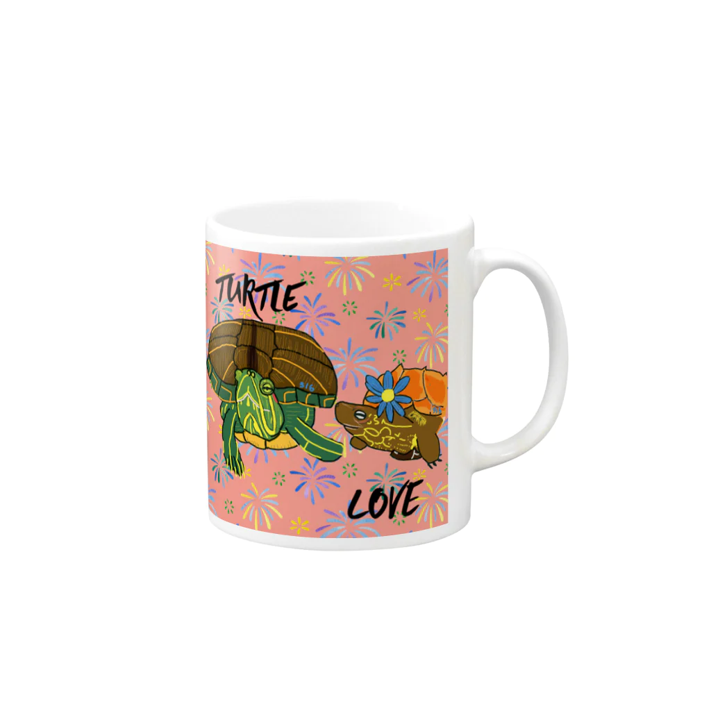 316(MIHIRO)のアカミミガメとクサガメちゃん カラフル Mug :right side of the handle