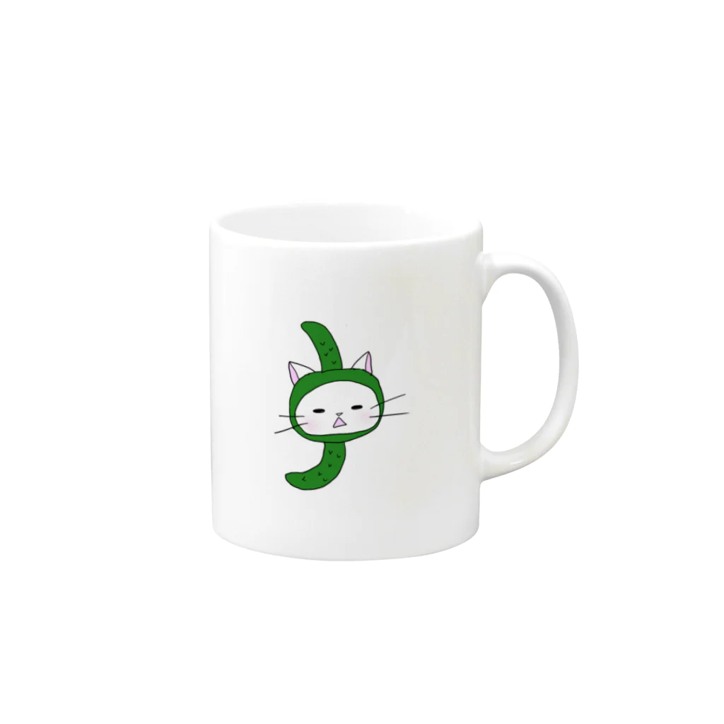 fufuコレクションのきゅうりを被った猫 Mug :right side of the handle