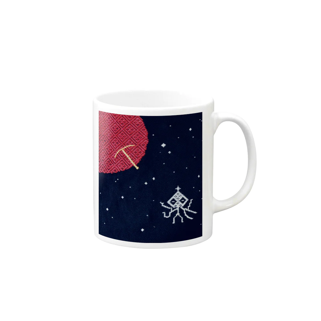 mittsu do madeni の青森ウチュウ人　もつけらっと　宇宙へ　#こぎん刺し好きさんへ Mug :right side of the handle