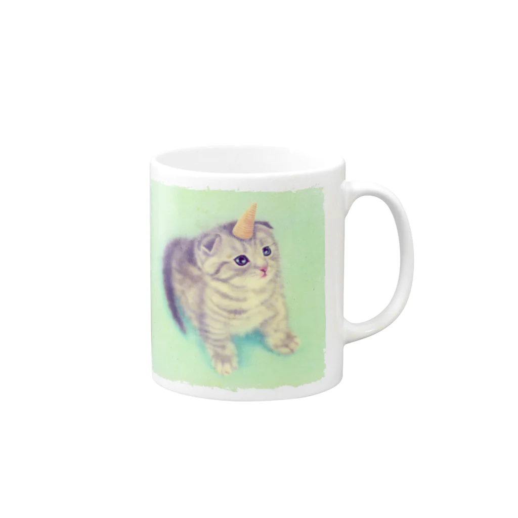 萌獣ファクトリー「純屋」の萌獣 猫 ユニャコーン／ゆにゃんこ：とんがりコーン Mug :right side of the handle