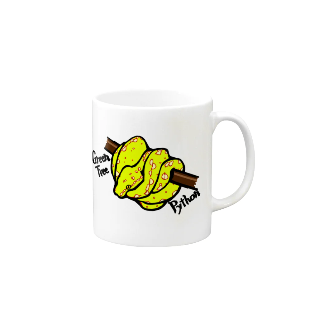 Sumireptiles🐍__爬虫類・生き物グッズのグリーンパイソン（イエロー） Mug :right side of the handle
