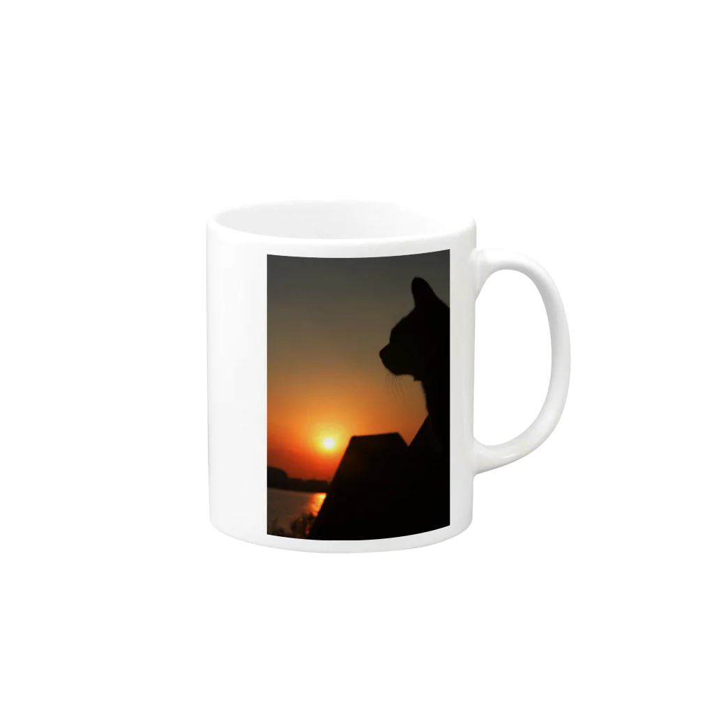 シッポ追いの猫写真店の猫と夕陽とテトラポッド Mug :right side of the handle