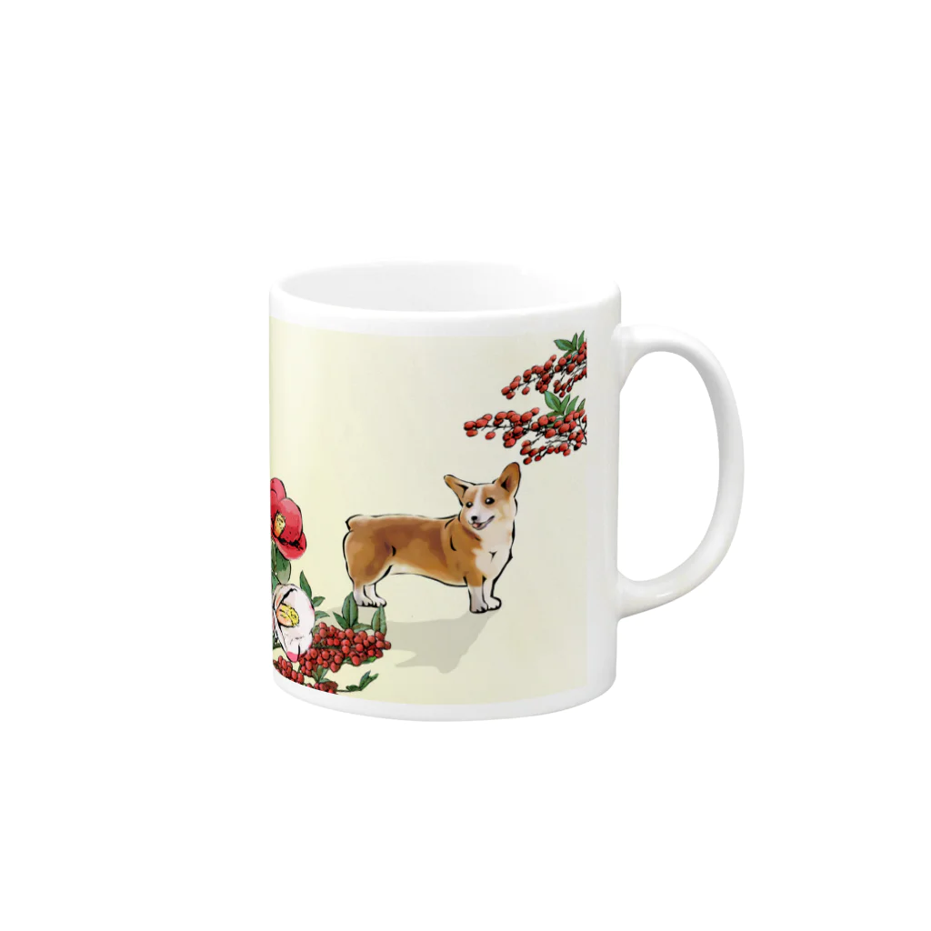 犬グッズの店しえるぶるーの椿と南天とコーギー Mug :right side of the handle