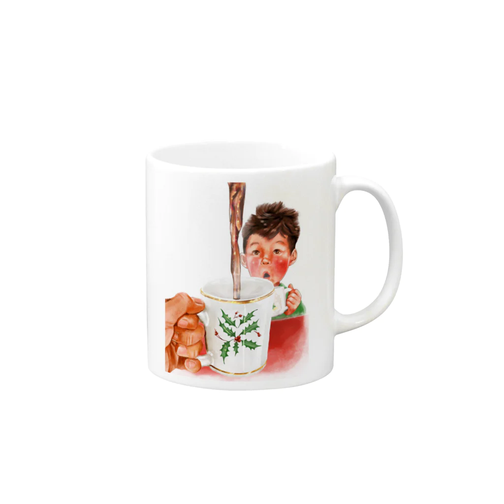 マツダヤスヨのイラストのコーヒーと男の子のクリスマスイラスト Mug :right side of the handle