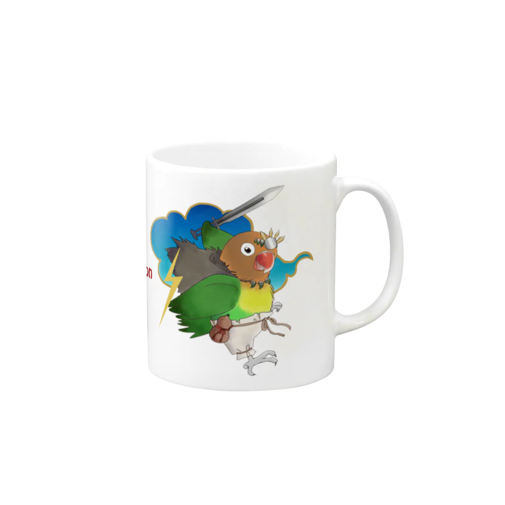 インコグッズのお店　ラブバード亭のルリコシボタン（破壊神スサノオ　RPG風ステータスバージョン） Mug :right side of the handle