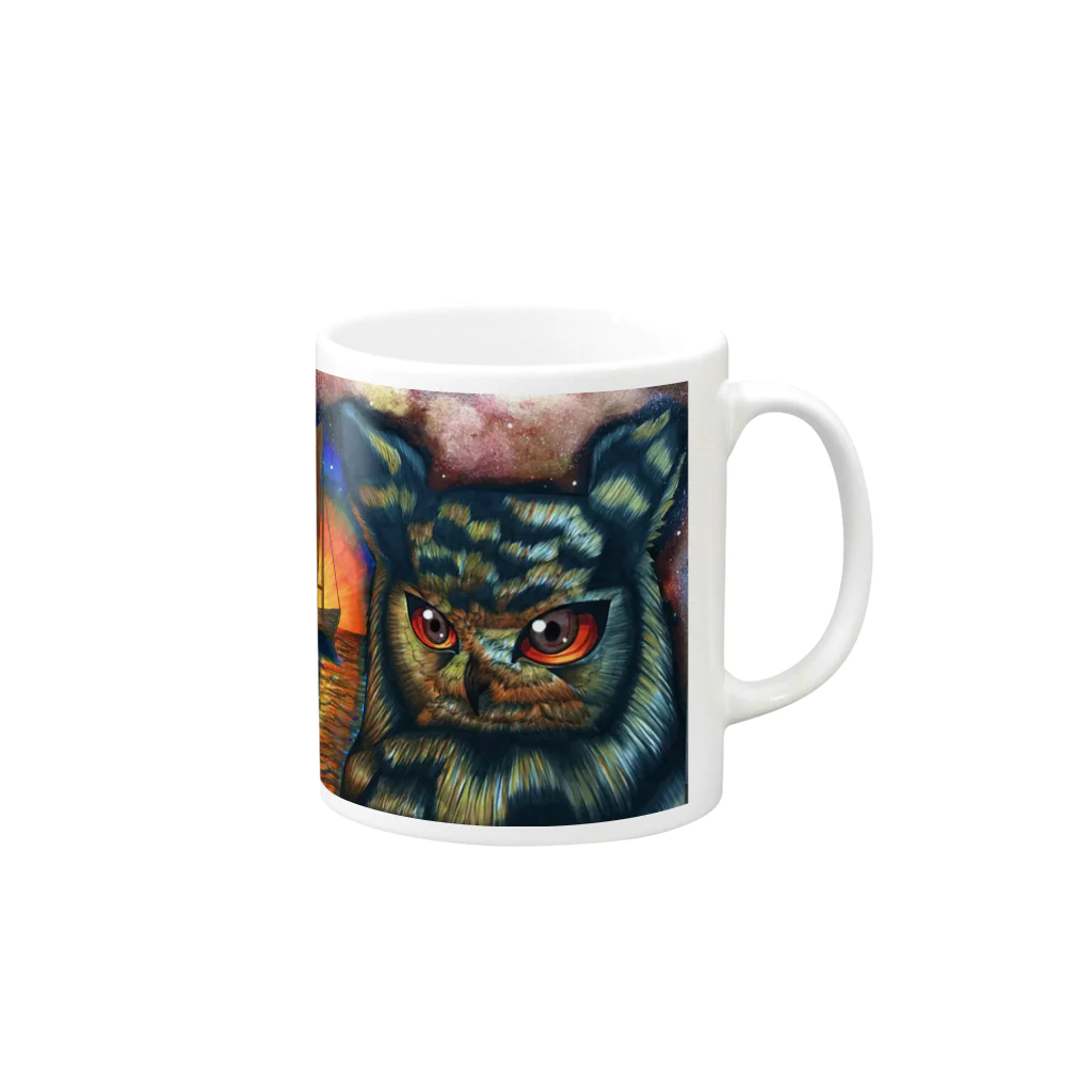 フクロウシホの旅路の果て〜夕闇の星空と船〜 Mug :right side of the handle