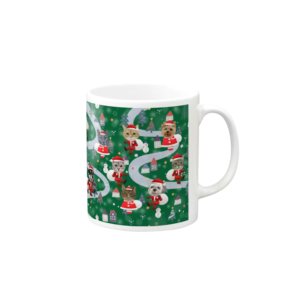 woods_mamaのわんにゃんサンタのクリスマス☆グリーン Mug :right side of the handle