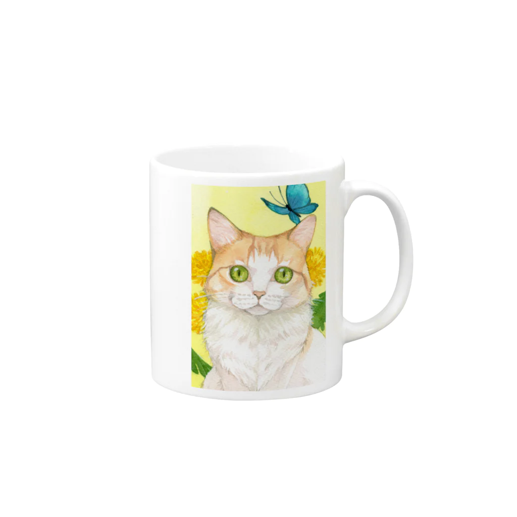 Miaws Shopのタンポポと白茶猫 Mug :right side of the handle