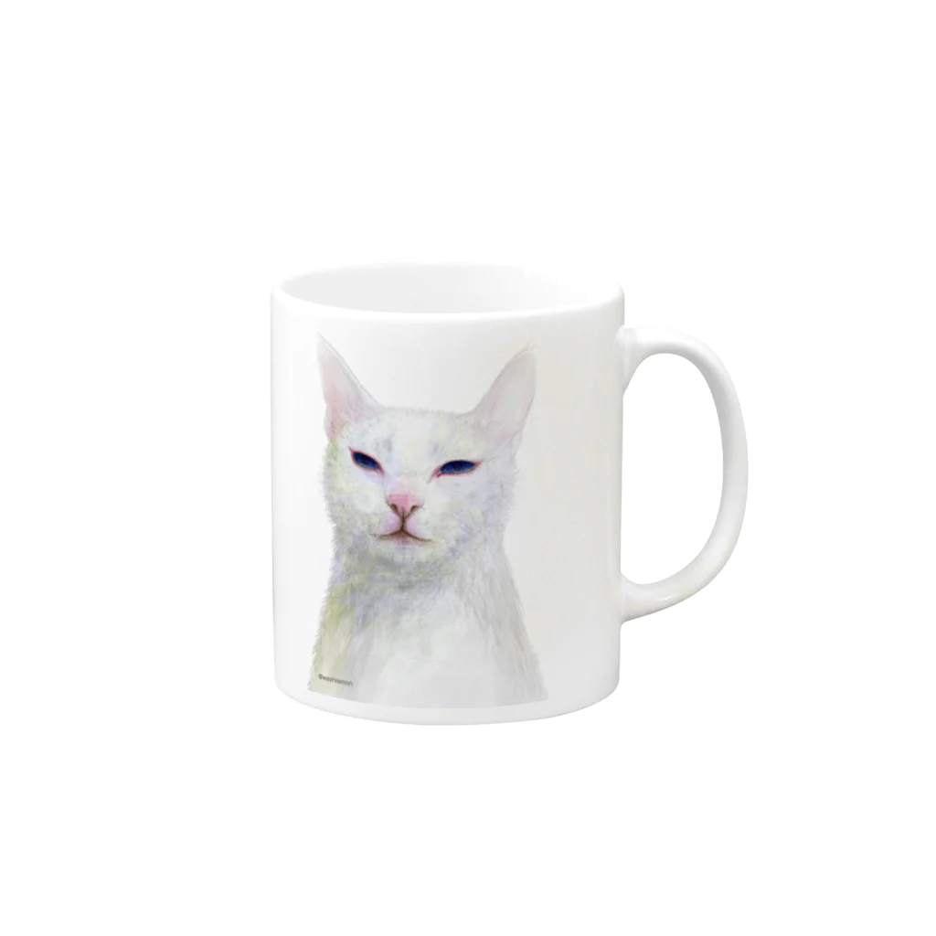 Washiemon and Ai-chan's Shopの白い猫 Mug :right side of the handle