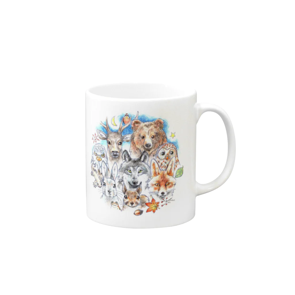 ＰＵＧＬＡＮＤの熊・鹿・フクロウ・オオカミ・キツネ・鷹・イモリ・うさぎ・リス・ジョウビタキ Mug :right side of the handle