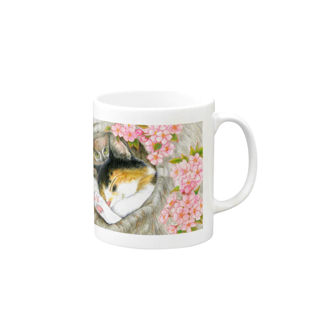 ミケとキジシロの花見猫♪三毛猫とコノハズク Mug :right side of the handle