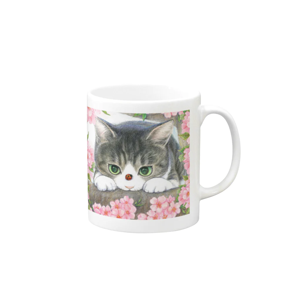 ミケとキジシロの花見猫♪キジシロ猫とてんとう虫 Mug :right side of the handle