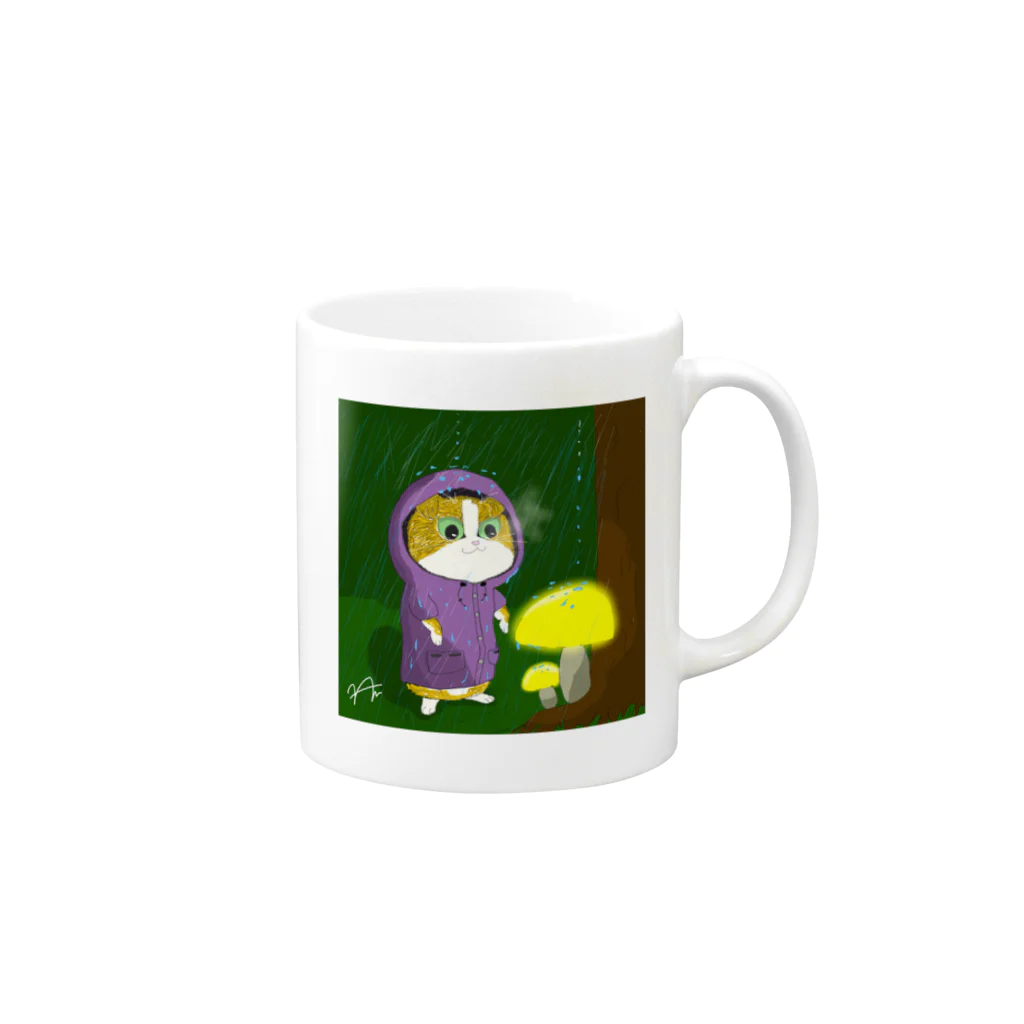 イラストレーターNaoの光るキノコをついに見つけた猫 Mug :right side of the handle