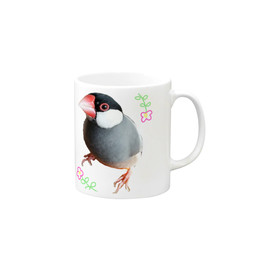 harupink🌸ペット似顔絵illustのFLOWER文鳥さん Mug :right side of the handle