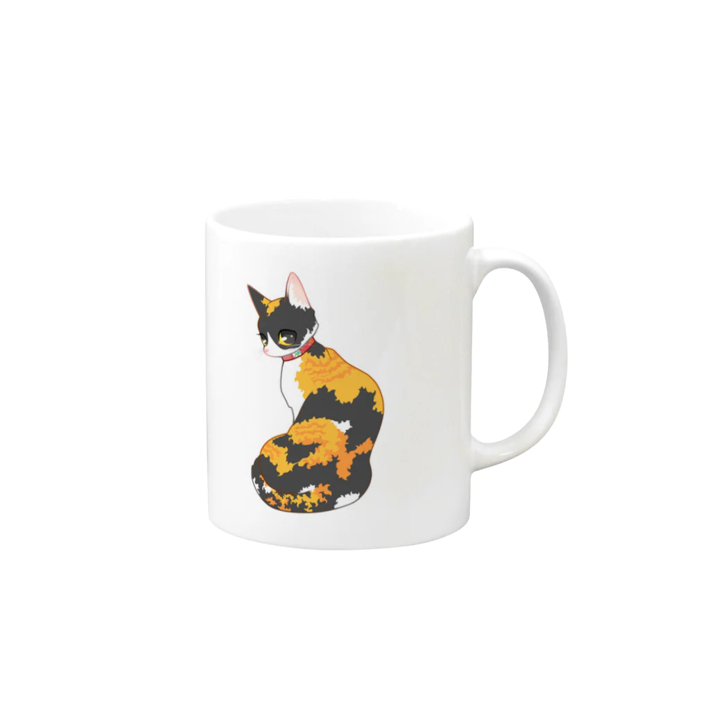 あいこの部屋　丸の世界の振り向き三毛猫 Mug :right side of the handle