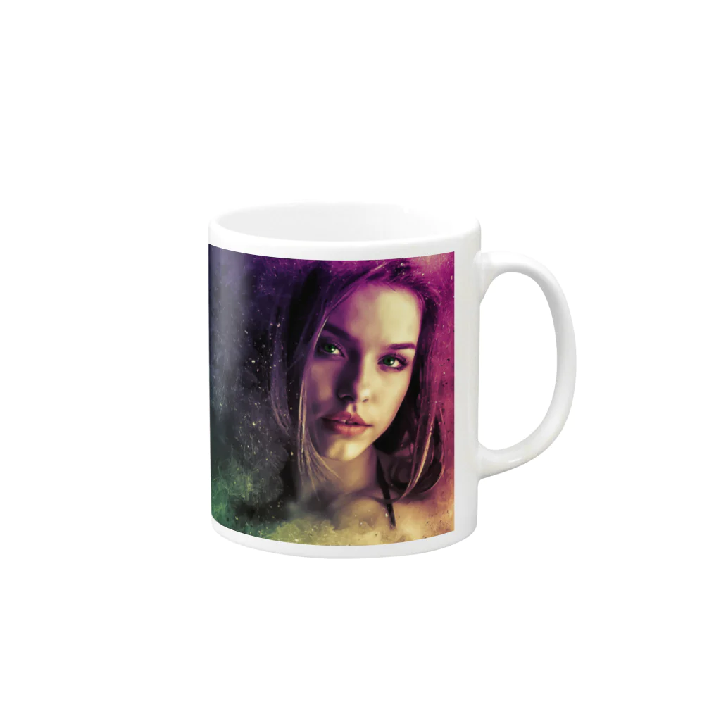 Fred HorstmanのBeautiful woman with purple hair and dark brown eyes  紫色の髪と濃い茶色の目を持つ美しい女性 Mug :right side of the handle