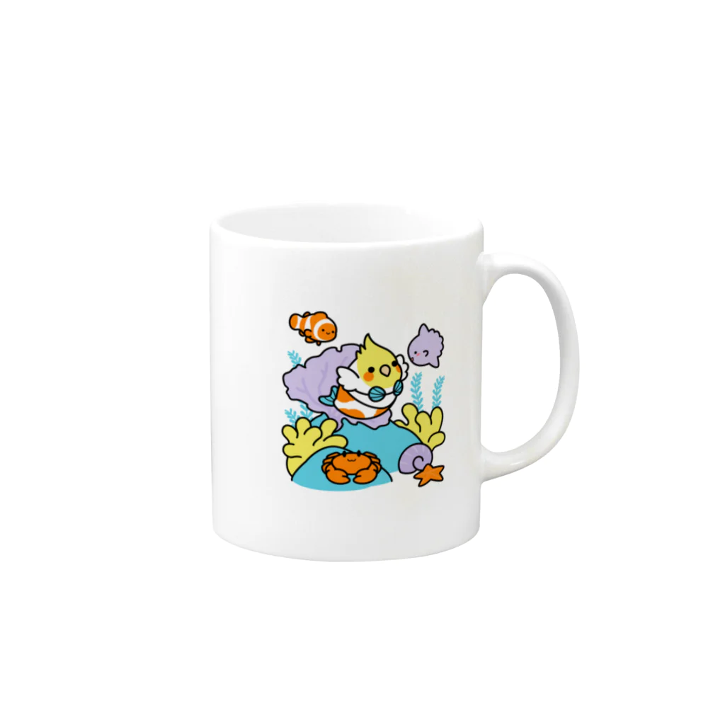 Cody the LovebirdのChubby Bird サンゴ礁を守ろう！　オカメインコと海のお友達 Mug :right side of the handle