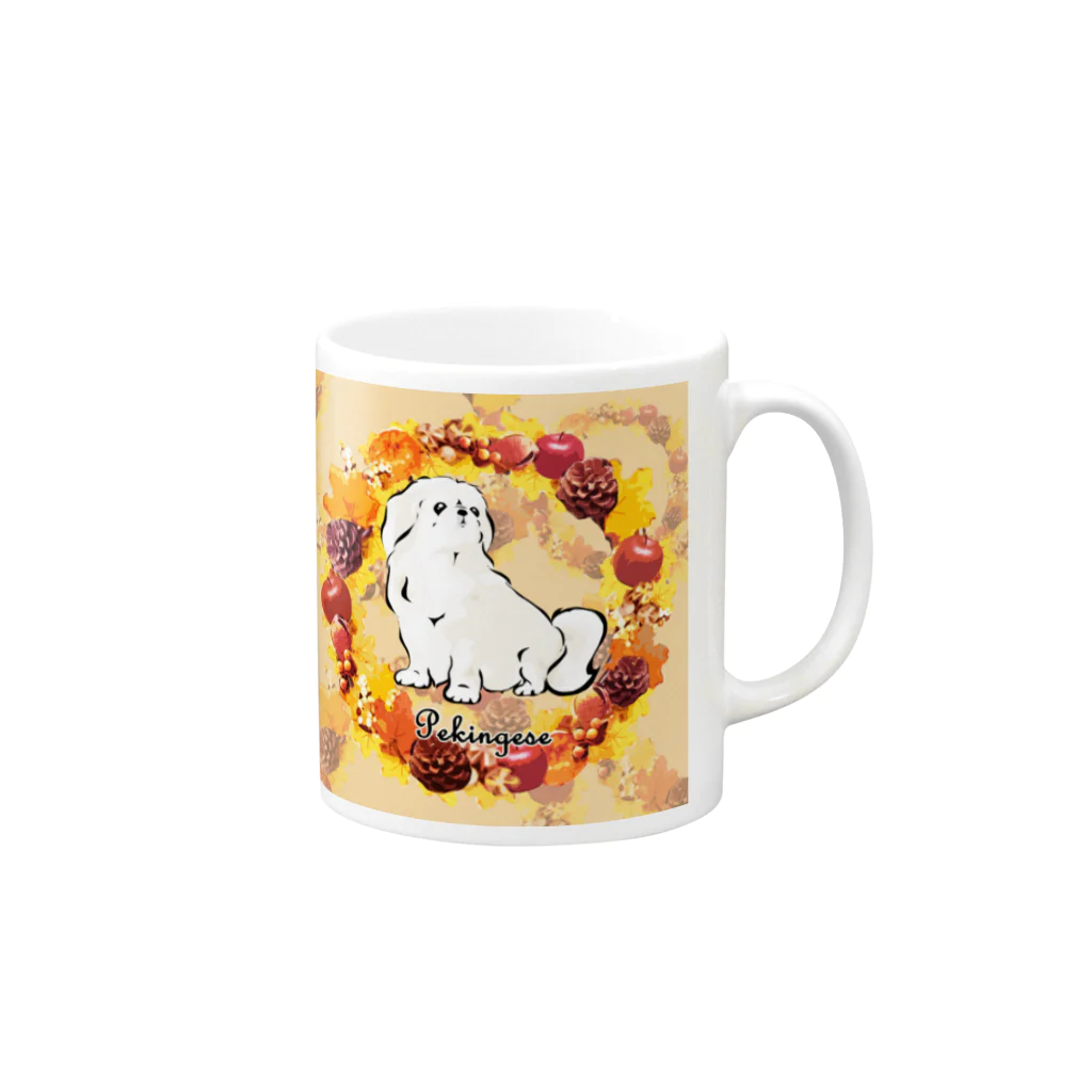 犬グッズの店しえるぶるーのペキニーズ　秋のリース(白ペキニーズ) Mug :right side of the handle