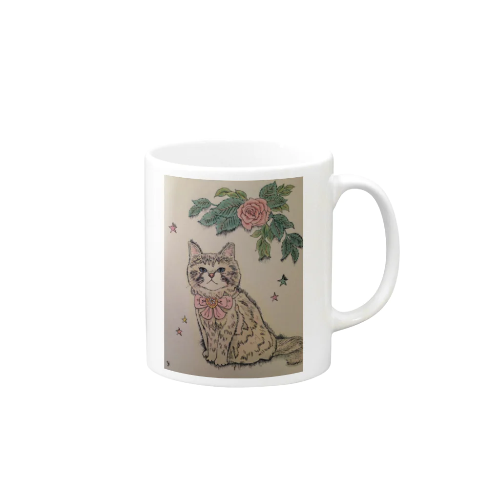 河内葉子の動物アートのグッズのバラと猫グッズ Mug :right side of the handle