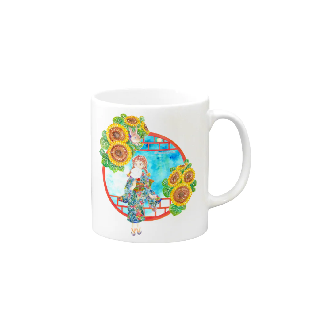 星架月の「窓際の夏」昼・向日葵縁・浴衣の女の子 Mug :right side of the handle