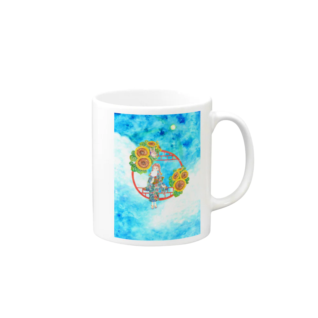 星架月の「窓際の夏」青空・向日葵縁・浴衣の女の子・背景有 Mug :right side of the handle