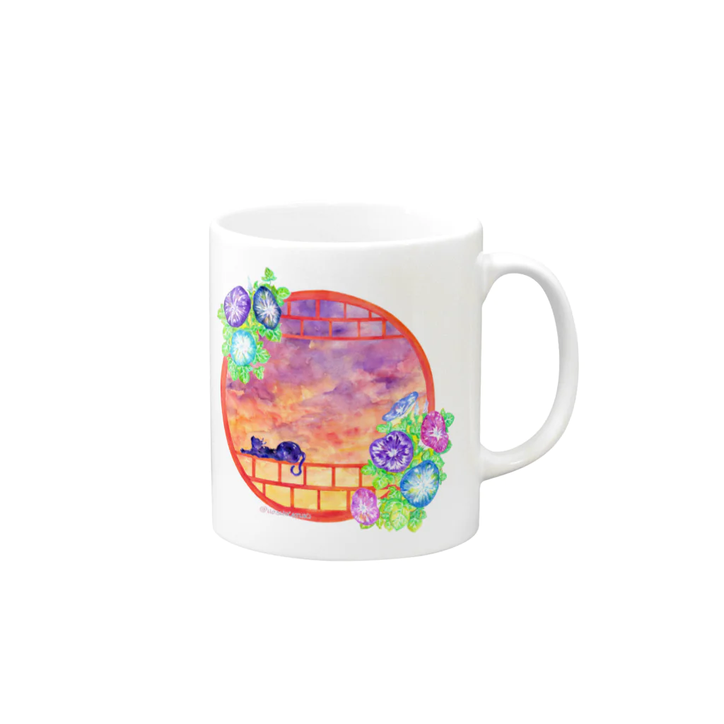 星架月の「窓際の夏」夕焼け・朝顔縁・ネコ Mug :right side of the handle