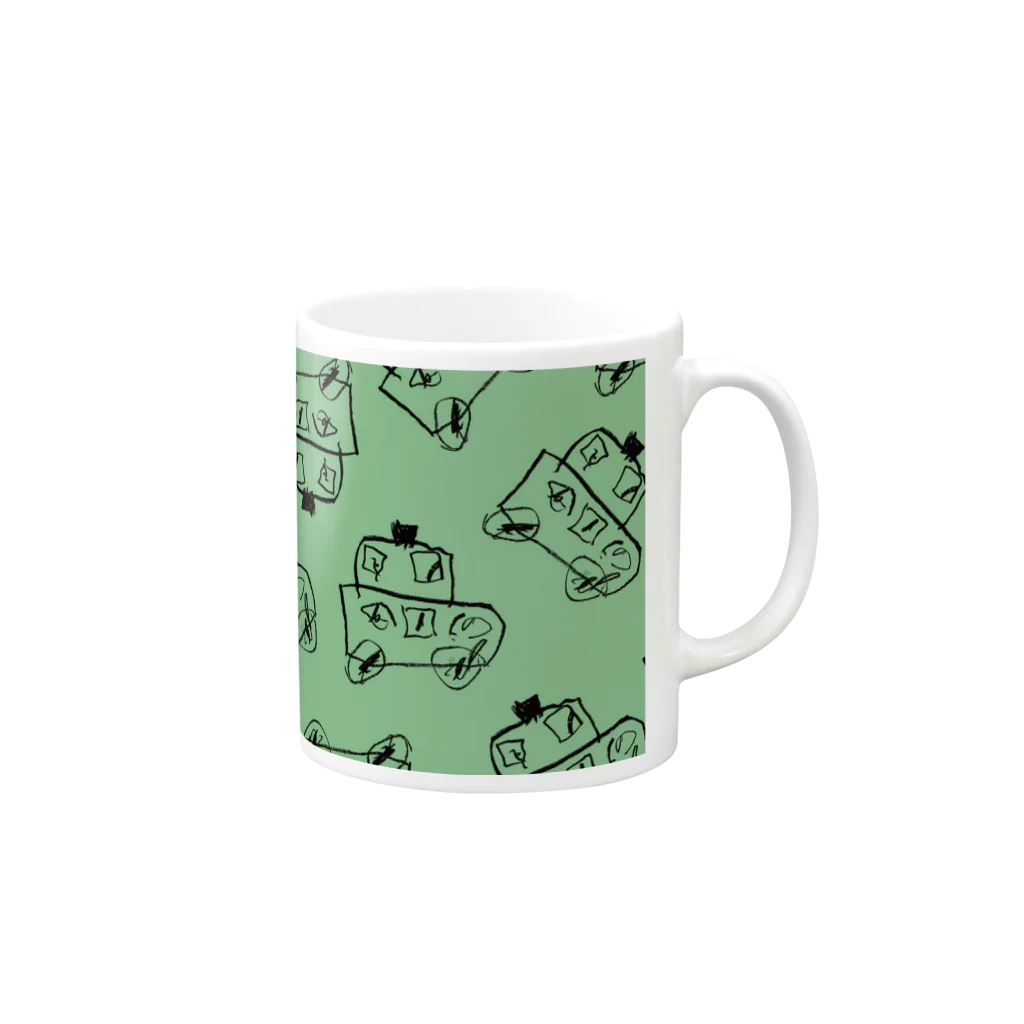 こどもの絵だいすきのパトカー緑 Mug :right side of the handle