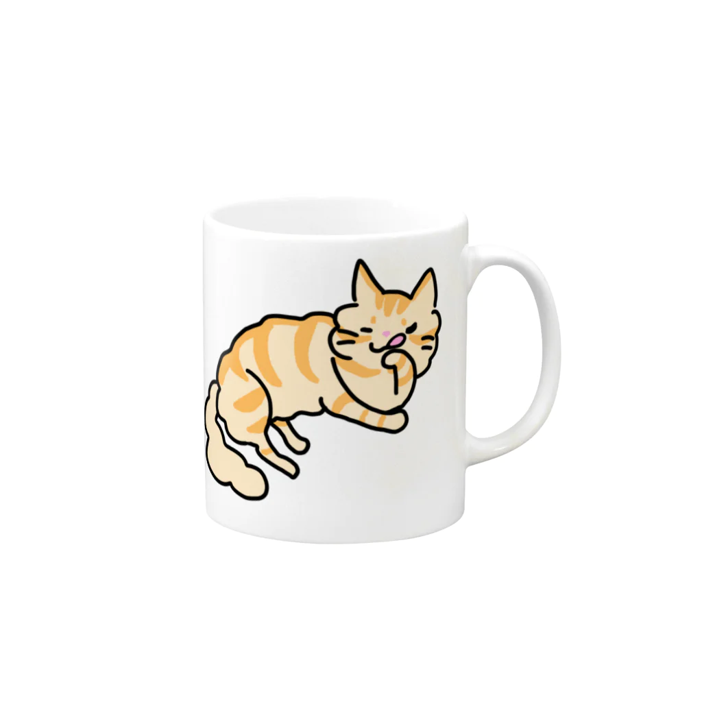 動物ガラス絵描きをしてる人のお店のぽっちゃり系ペロりネコさん Mug :right side of the handle