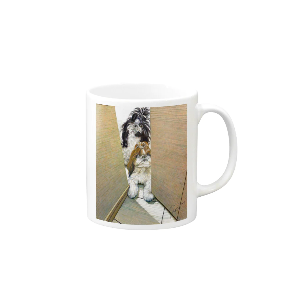 ぴゅあチカエ嬢ショップ🎷👱‍♀️🐶のトイレにくっついてくるワンコ達 Mug :right side of the handle