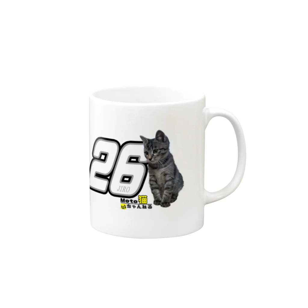 Moto@猫とバイクのVideologのレーサーキャットジロー（ロゴ入り） Mug :right side of the handle