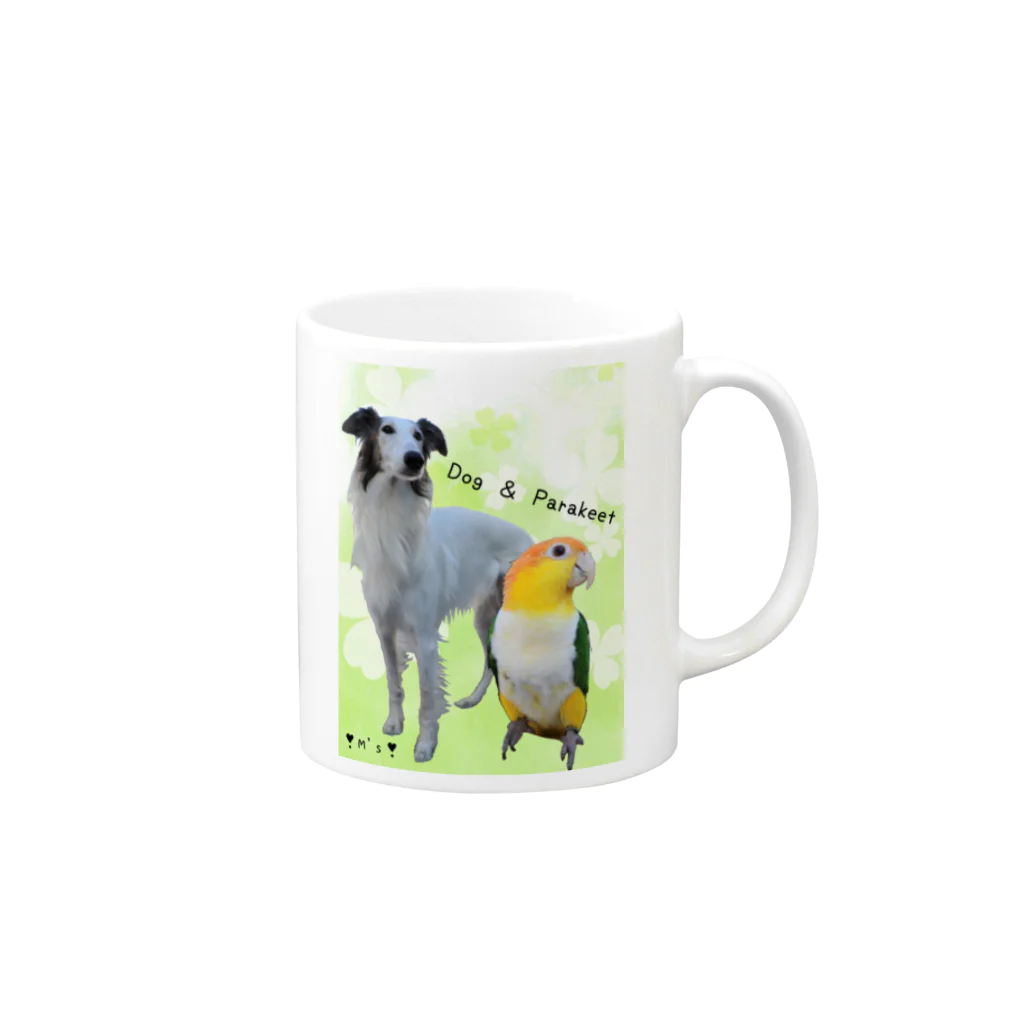 まんまるショップのコラボ🐩🐥マグ(シロハラインコ＆シルケンウインドハウンド) Mug :right side of the handle