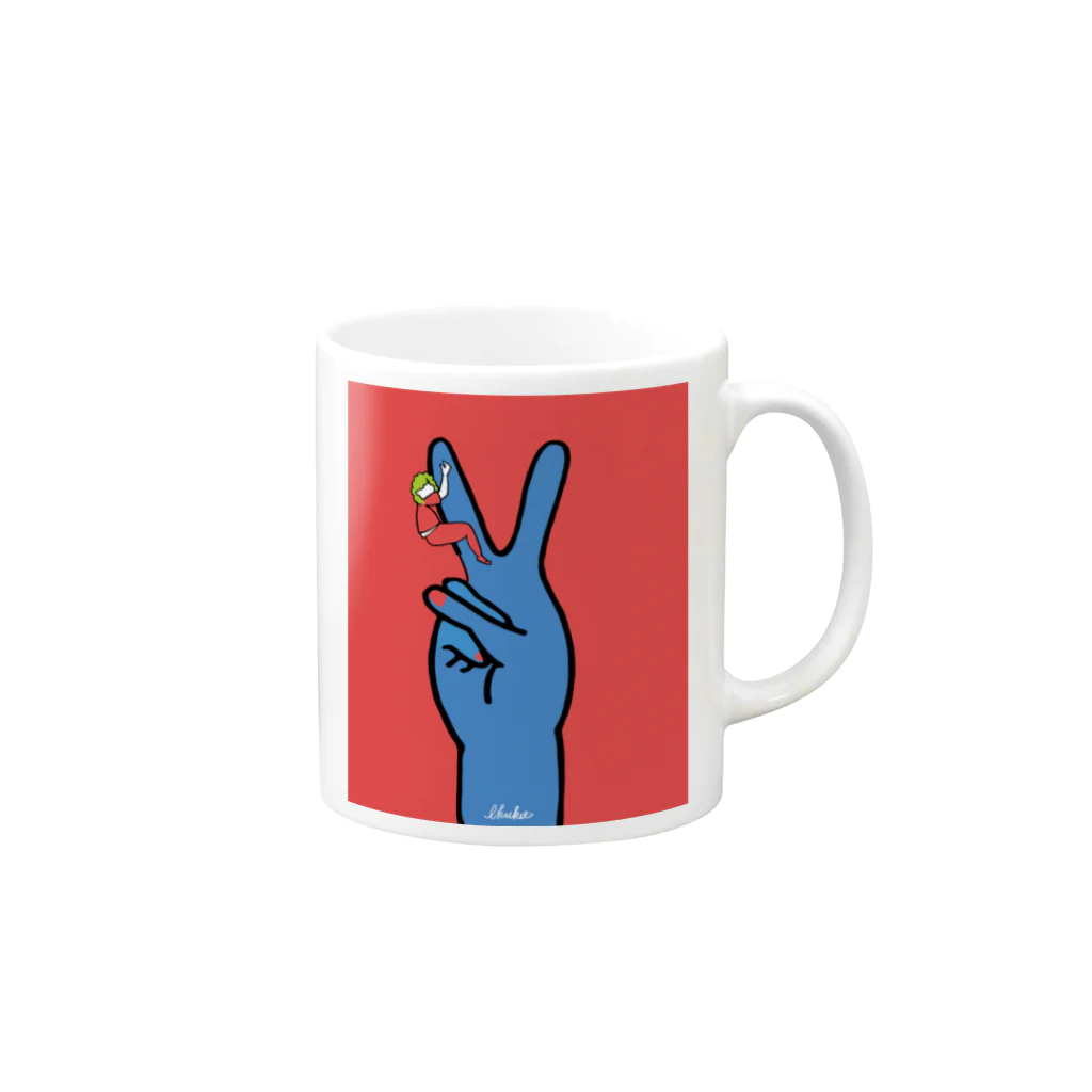 195(いちきゅーご)のピースにしがみつくアフロくん Mug :right side of the handle