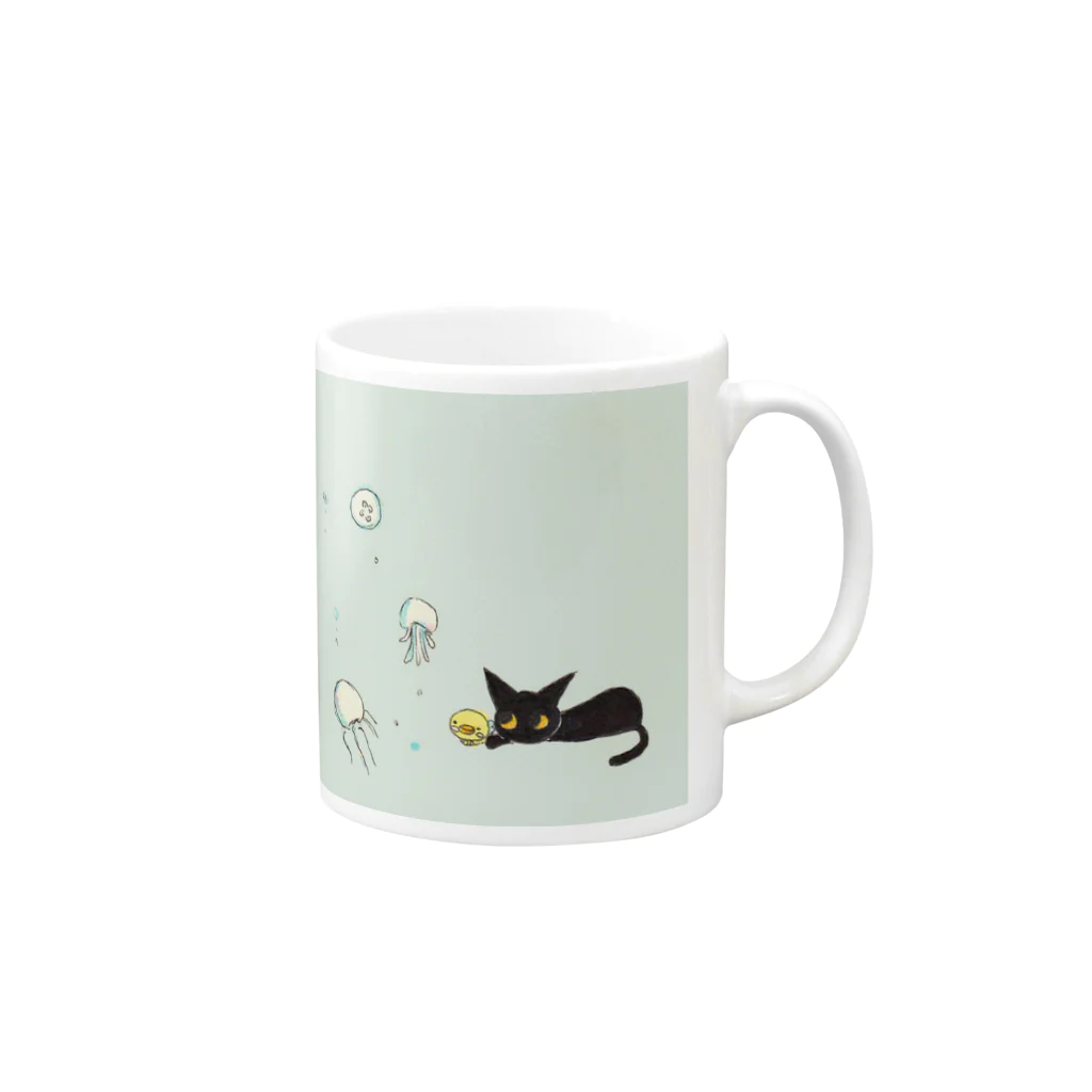 tsubasamoonの天使のひよこちゃんと黒猫ムーン くらげver. Mug :right side of the handle