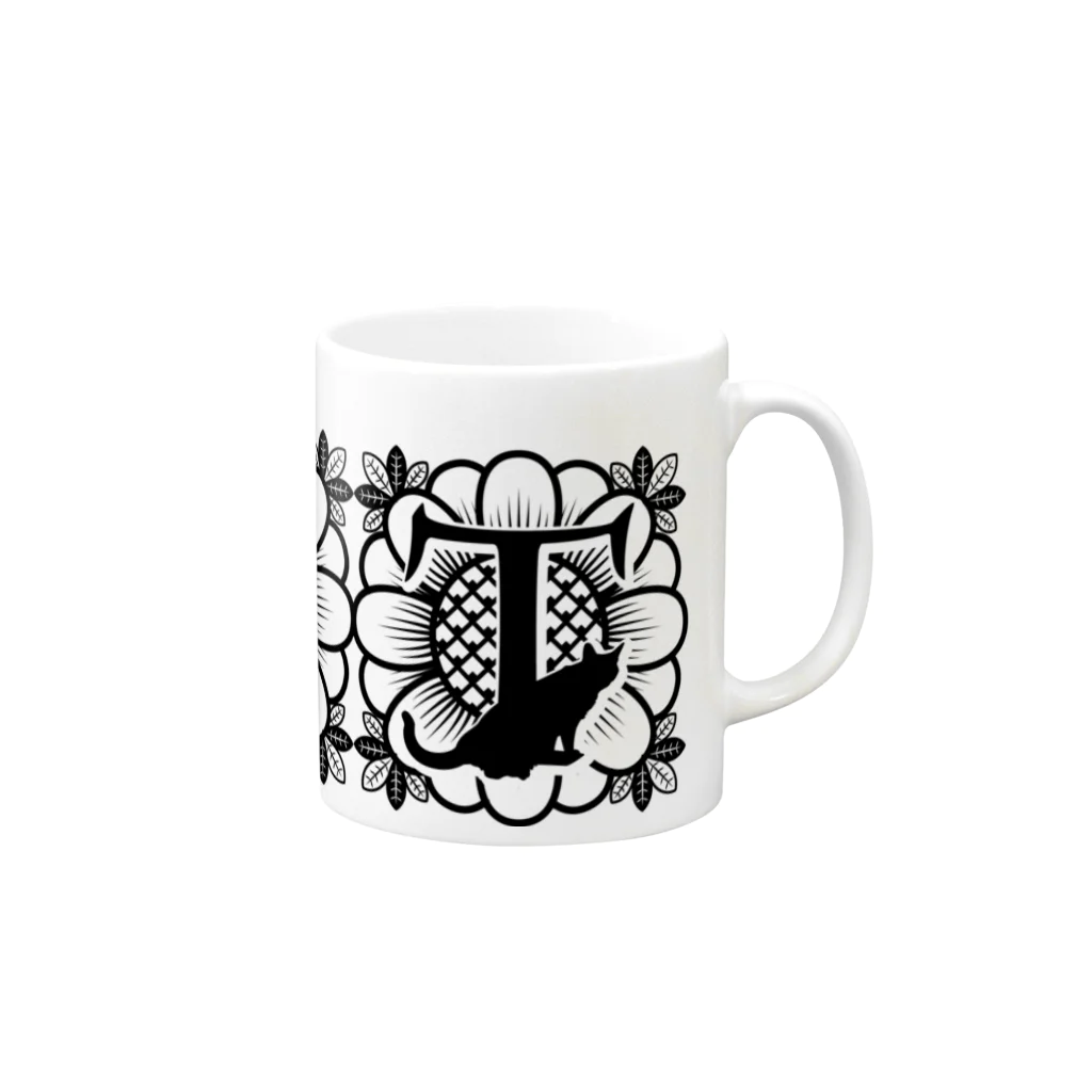 レトロネコ雑貨 華鳥風月のレトロネコ　マグカップ　イニシャル T Mug :right side of the handle