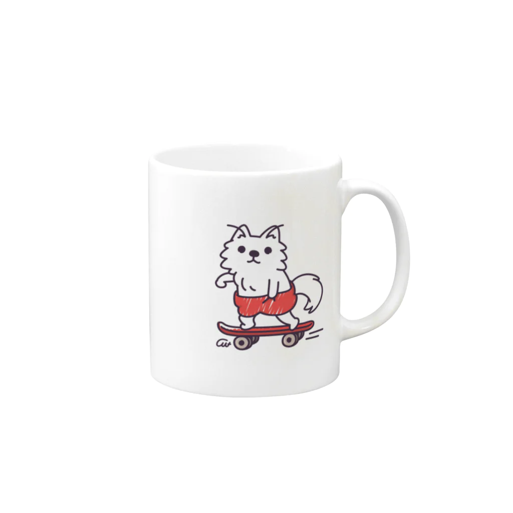 イラスト MONYAAT のワンポイント 赤ぱんポメラのスケボー Mug :right side of the handle