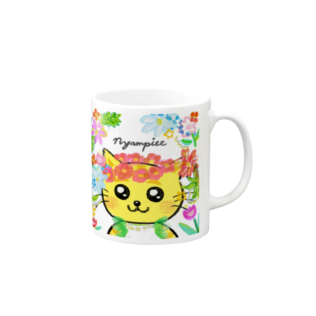 にゃんぴーのお花のうるにゃん（アップ） Mug :right side of the handle