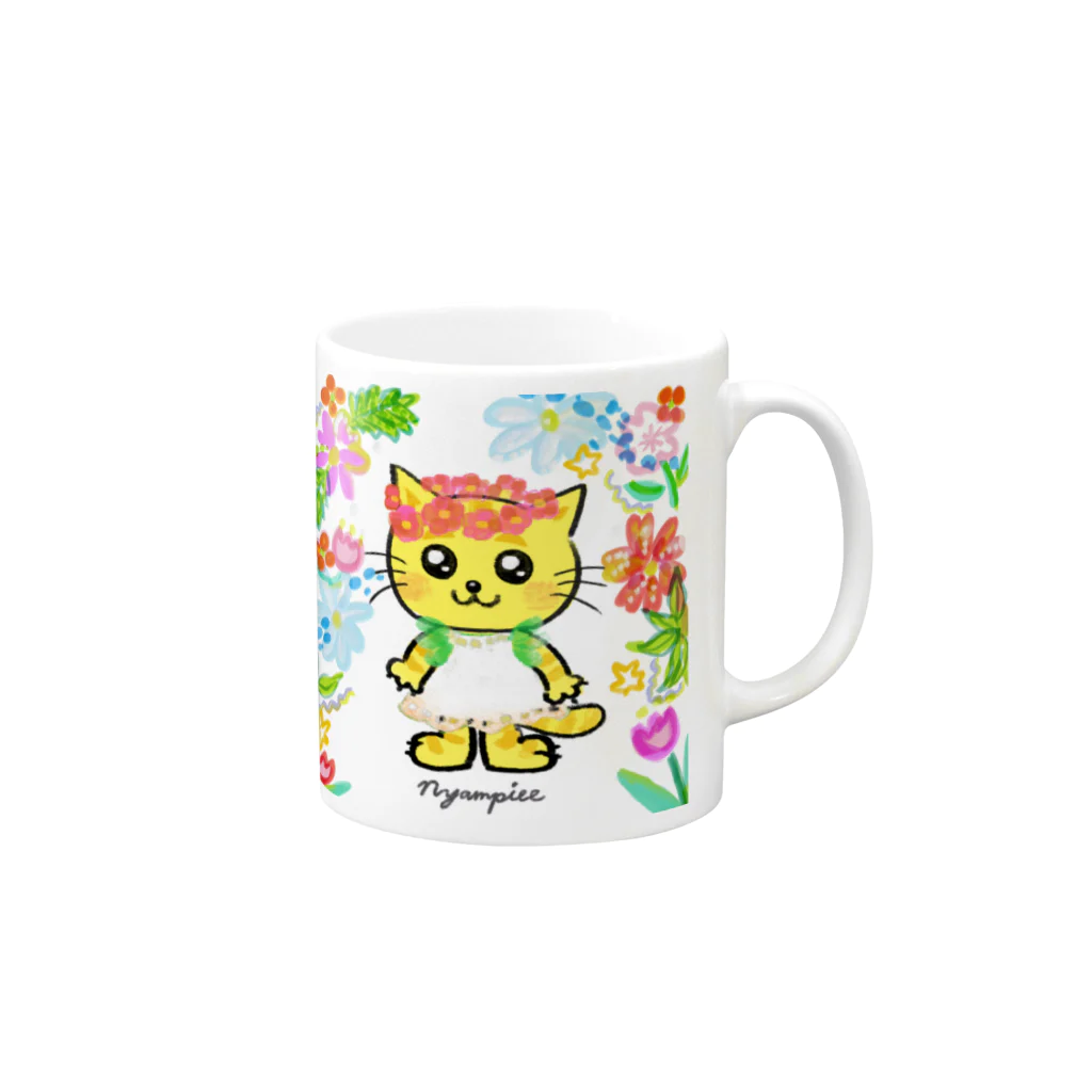 にゃんぴーのお花のうるにゃん（ぜんしん） Mug :right side of the handle