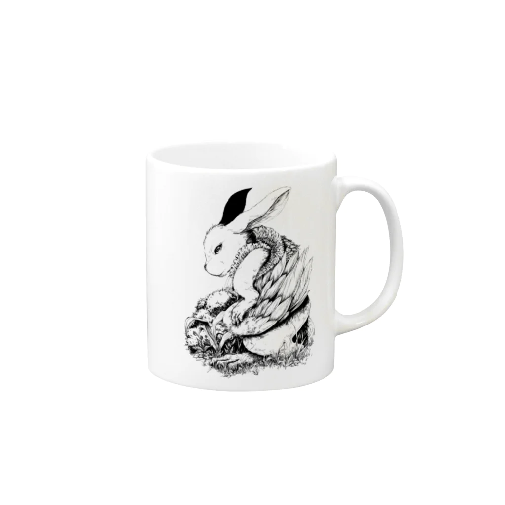 吟遊雑貨のうさぎの幻獣のペン画 Mug :right side of the handle