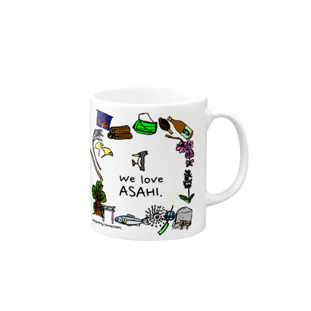 アサノエンタープライズ -Asano Enterprise-のWe Love ASAHI(旭Tシャツ表面のイラスト) Mug :right side of the handle