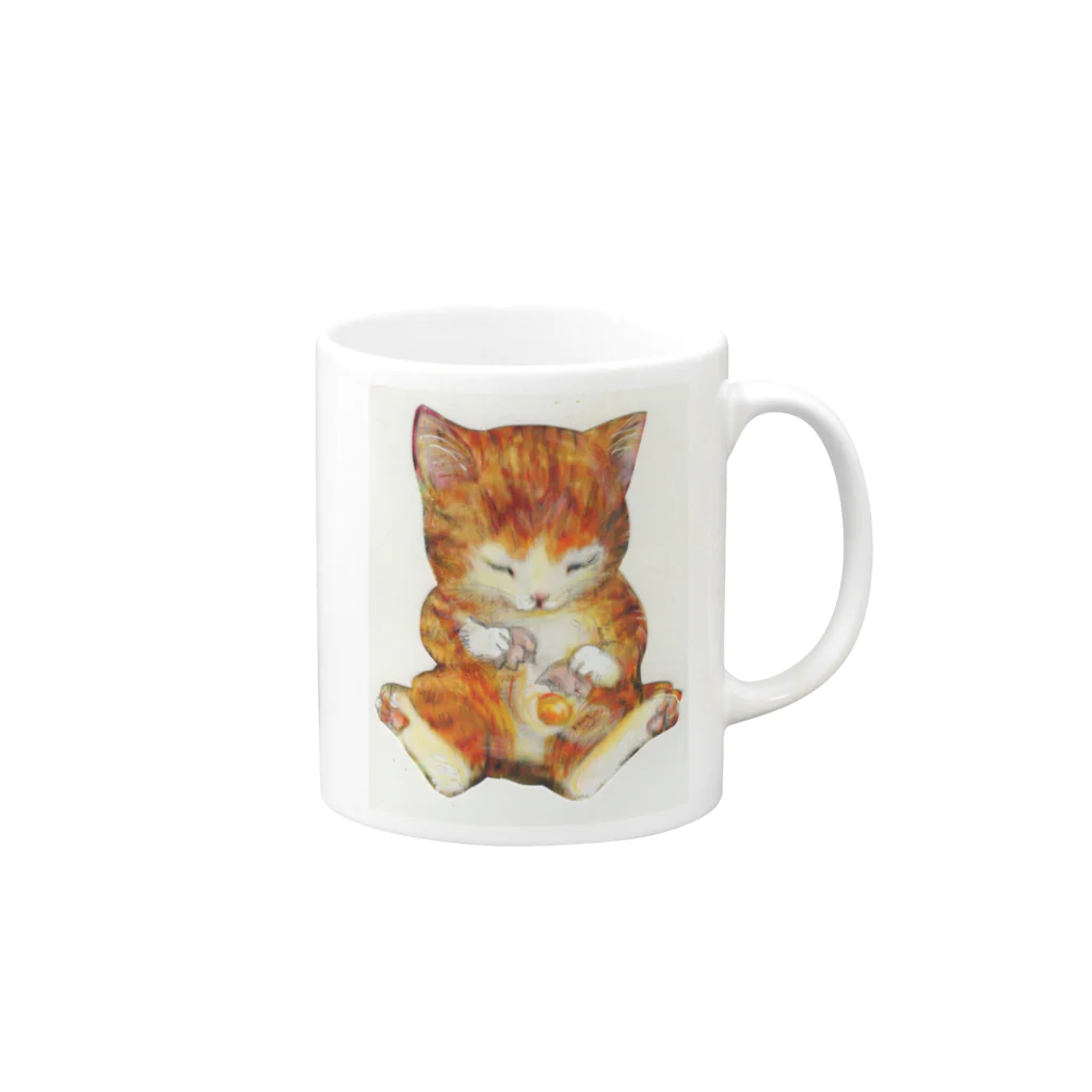 おおかみのしっぽの猫の手もかりるよ。卵をわる子猫 Mug :right side of the handle