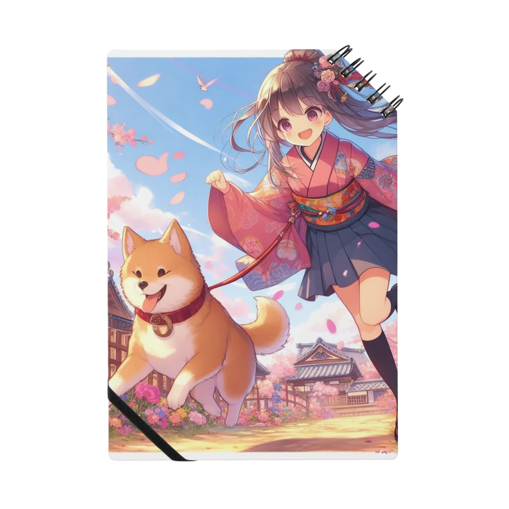 推しの美少女とアイドルの桜の中を犬と走る女の子 Notebook