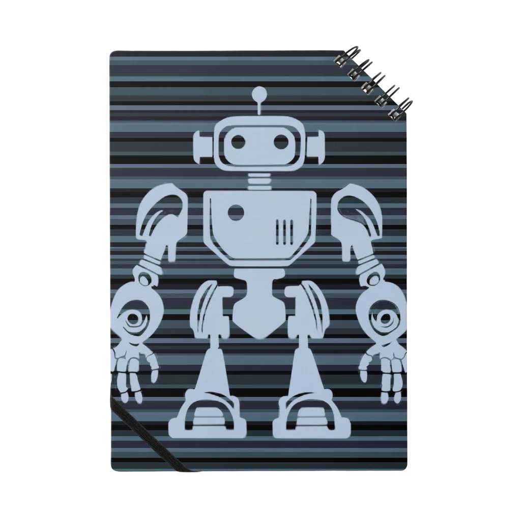 mirinconixの黒と青みがかったグレーのボーダー地にレトロなロボットのシルエット Notebook