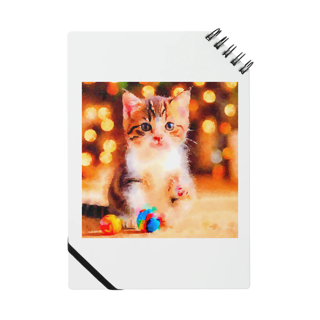 猫好きの谷の猫の水彩画/キジシロねこのイラスト/おもちゃで遊ぶキジ白ネコ ノート