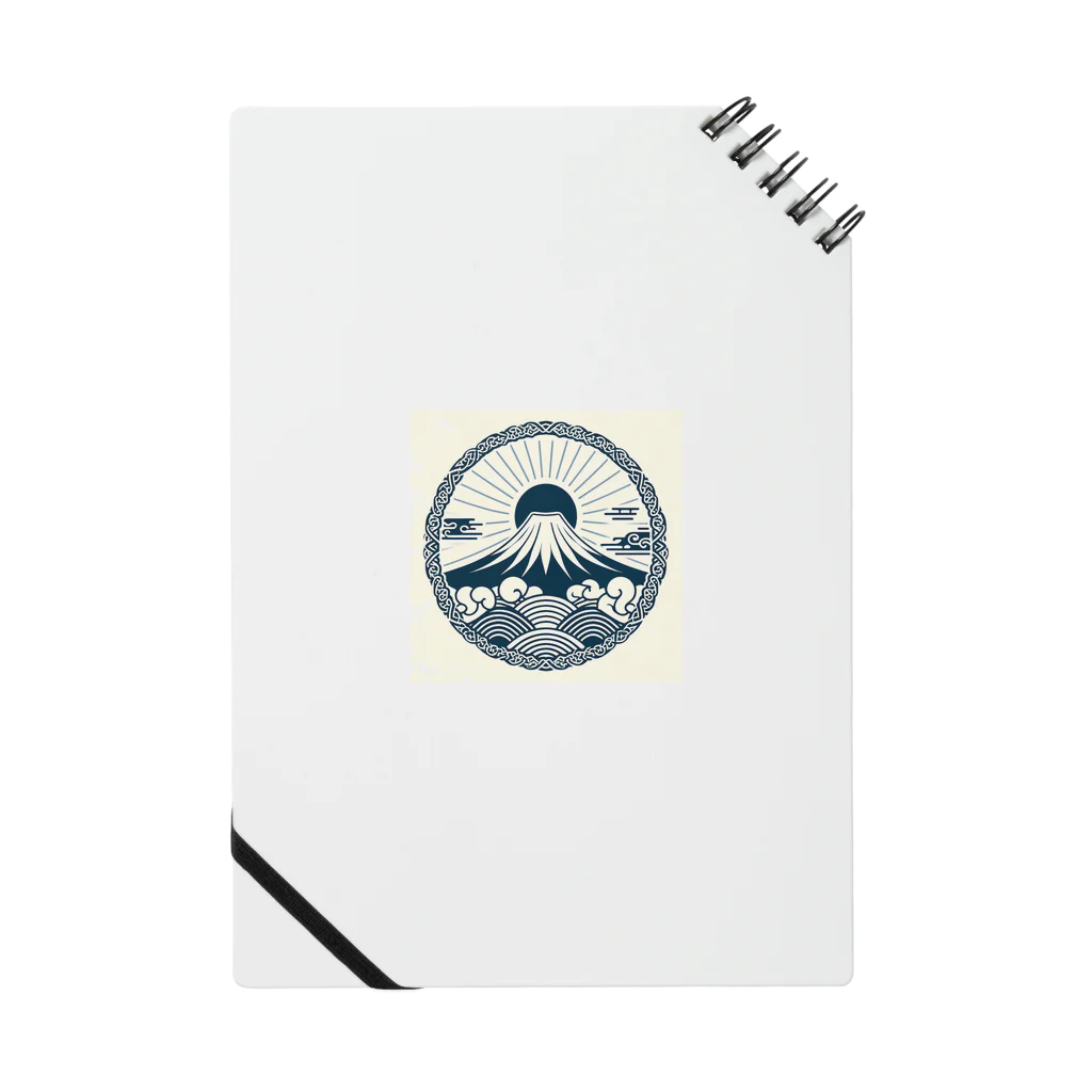 Cool Japanese CultureのMinimalist Traditional Japanese Motif Featuring Mount Fuji and Seigaiha Patterns Notebook