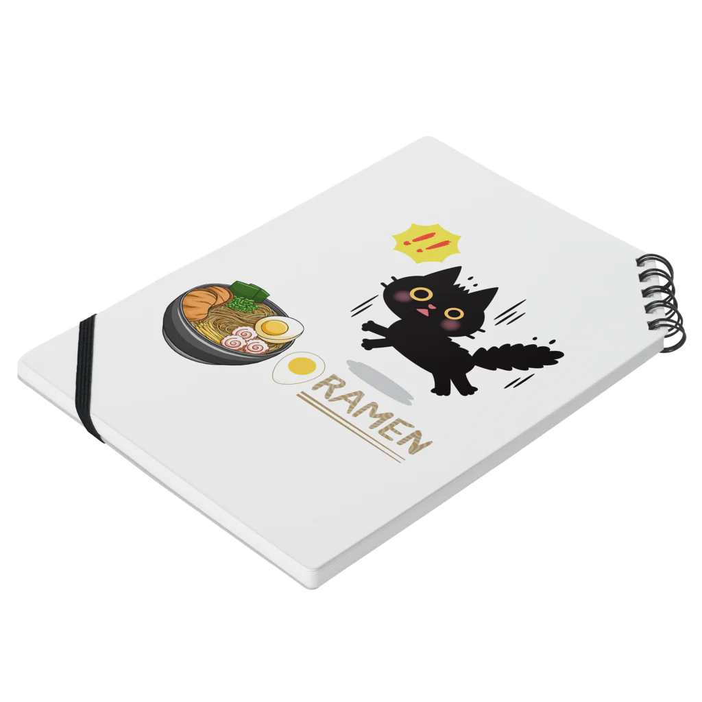 MirofuruDesignのラーメンが大好きな黒猫がラーメンを見つけて驚いている Notebook :placed flat