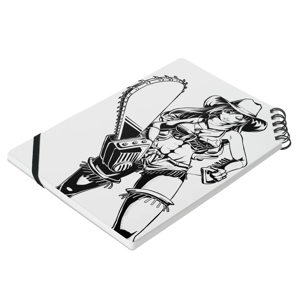 illust_designs_labのアメリカンコミック（アメコミ）風 セクシーなチェーンソーを持ったカウガール モノクロ Notebook :placed flat
