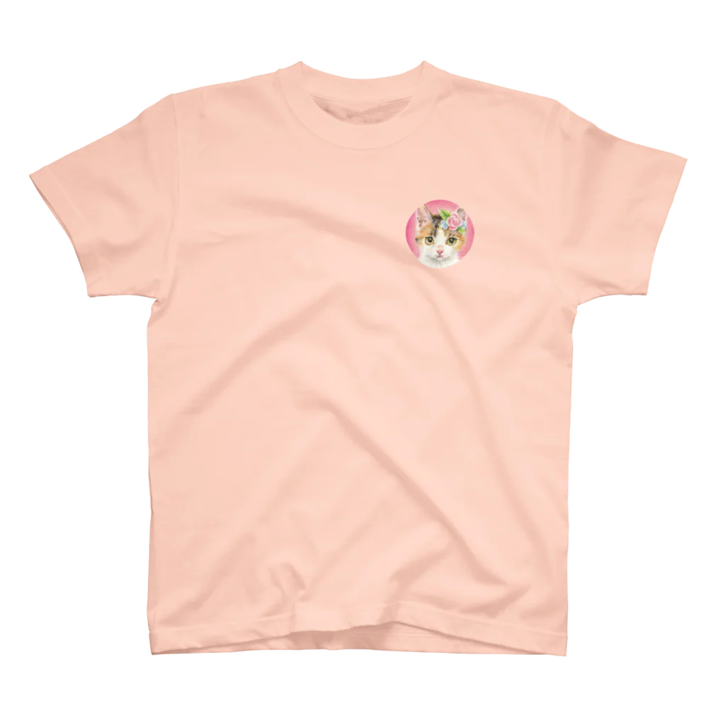 Ａｔｅｌｉｅｒ　Ｈｅｕｒｅｕｘの 花飾りをつけた三毛猫ちゃん　ミニパステル肖像画 ワンポイントTシャツ