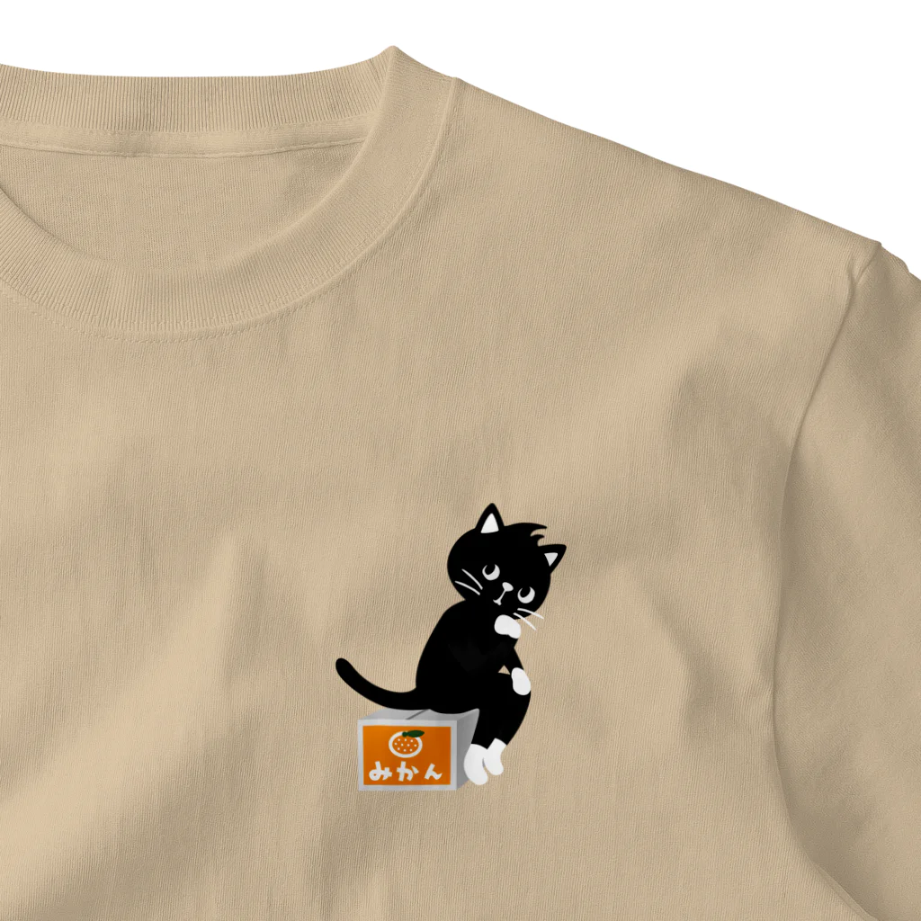 QROOVYの黒猫くん　考える猫 ワンポイントTシャツ