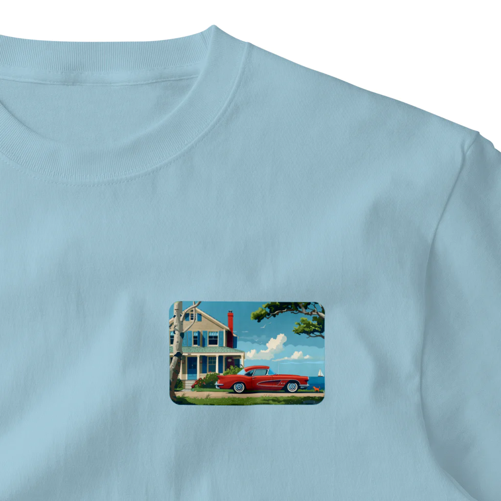 MistyStarkの赤いコルベットと海辺の家　－　red corvette and seaside house　－ ワンポイントTシャツ